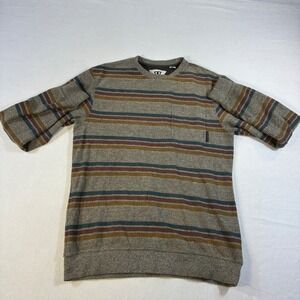 Vissla Mens Large L Long Sleeve Striped Crew Neck Pocket Shirt Gray Brown Surf